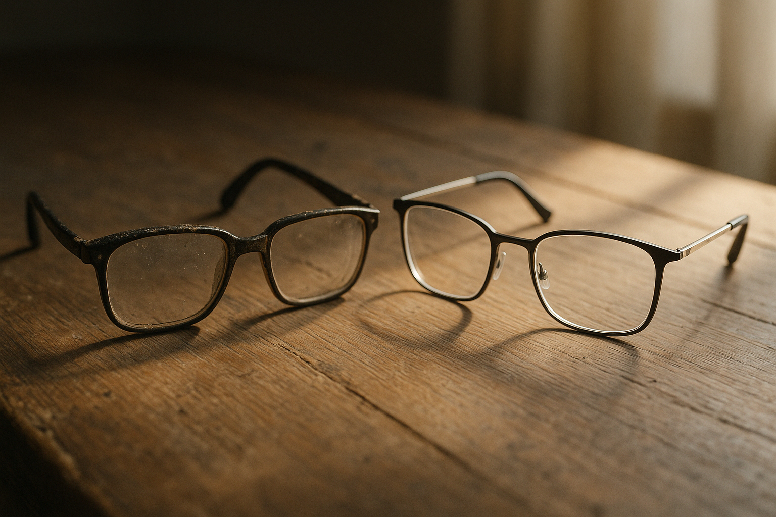 Lunettes anciennes posées sur une table avec une paire neuve fraîchement prescrite