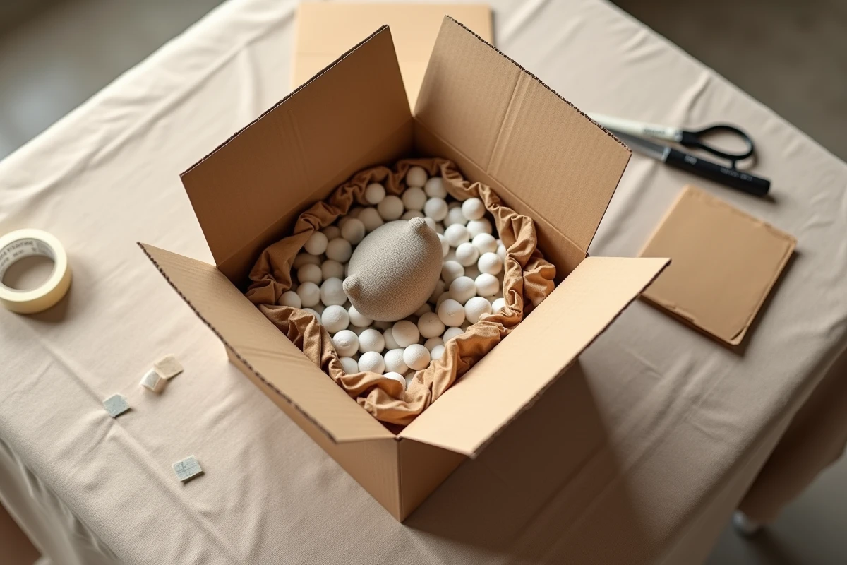 Vue de dessus d'un colis Vinted ouvert avec figurine protégée par papier kraft et mousse d'emballage